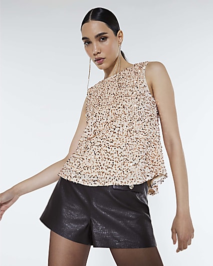 Gold Velvet Sequin Sleeveless Bow Back Top