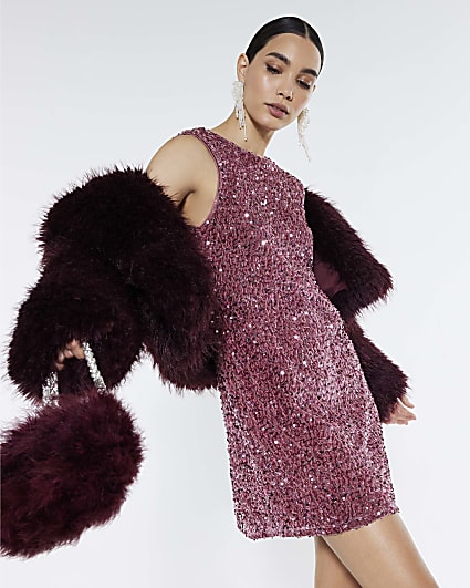 Pink Velvet Sequin Bow Back Mini Dress