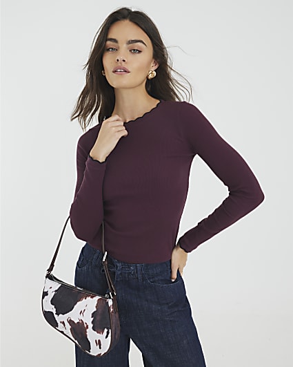 Red Long Sleeve Scallop Trim Top