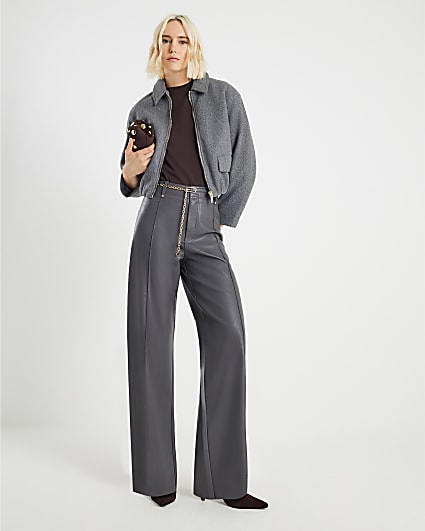 Grey Faux Leather Chain Belt Trousers