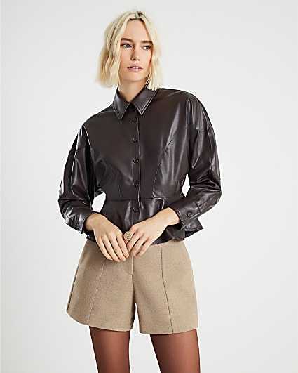 Brown Faux Leather Long Batwing Sleeve Shirt