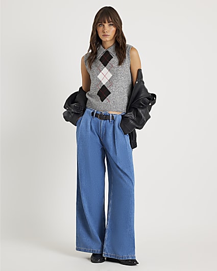 Blue Belted Wide Leg Pleated Jeans