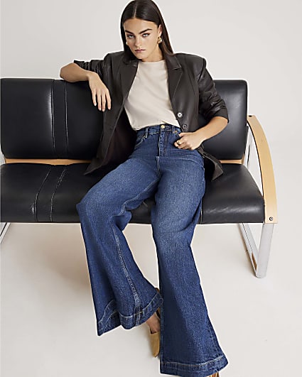 Blue Mid Rise Wide Leg Jeans