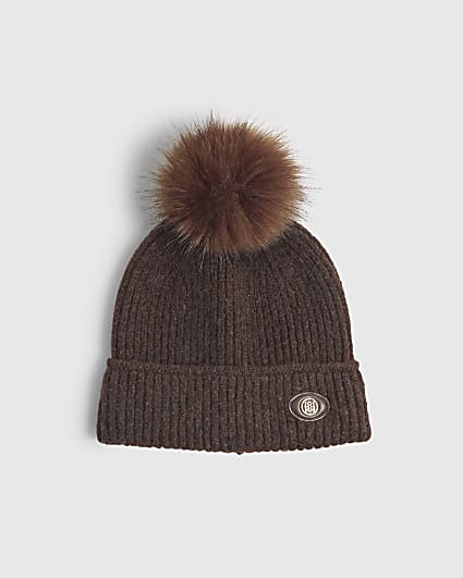 Brown Ribbed Pom Beanie Hat
