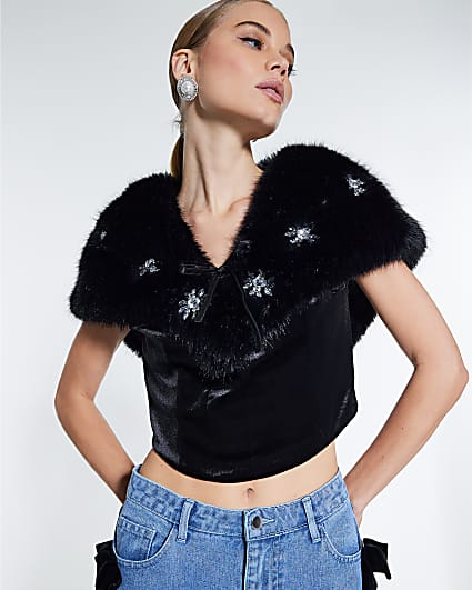 Black Embellished Faux Fur Cape