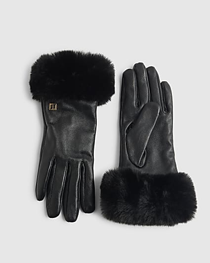 Black Faux Fur Trim Leather Gloves