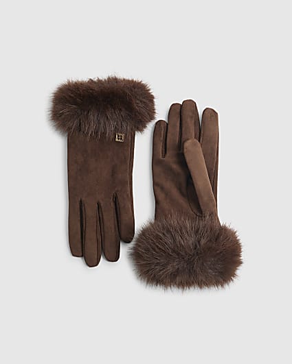 Brown Faux Fur Trim Gloves