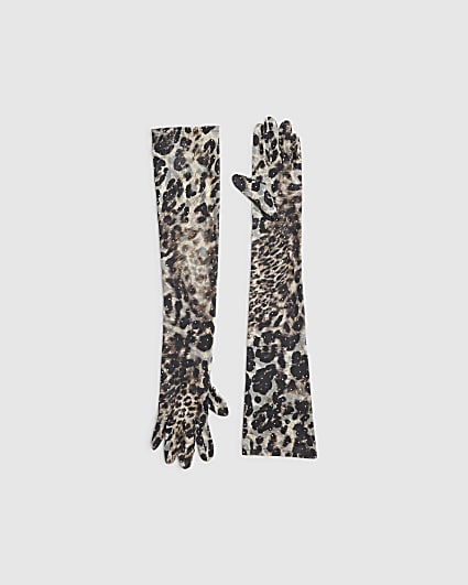 Black Long Leopard Print Mesh Gloves