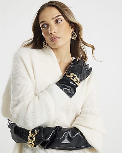 Black High Shine Long Chain Detail Gloves