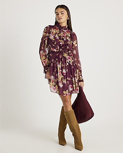 Red Chiffon Floral Long Sleeve Mini Dress