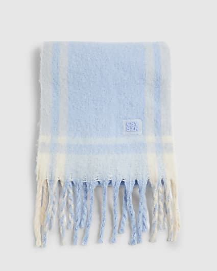 Blue Tassel Trim Fluffy Scarf