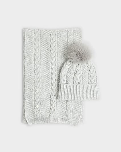 Grey Diamante Hat and Scarf Set