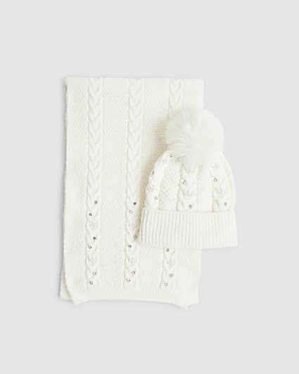 Cream Diamante Hat and Scarf Set