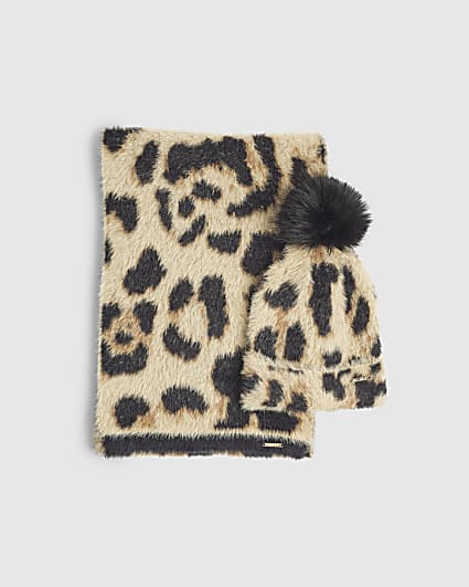 Beige Leopard Print Hat and Scarf Set