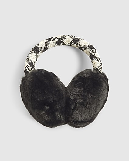 Black Boucle And Faux Fur Earmuffs