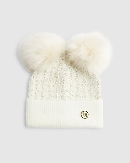 Cream Boucle Double Pom Beanie Hat