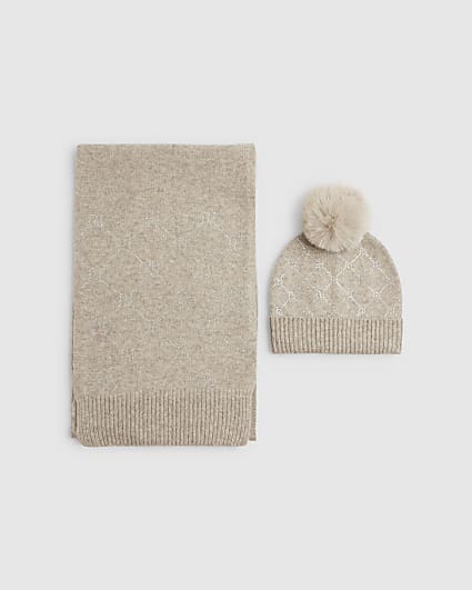 Beige Monogram Embellished Scarf set