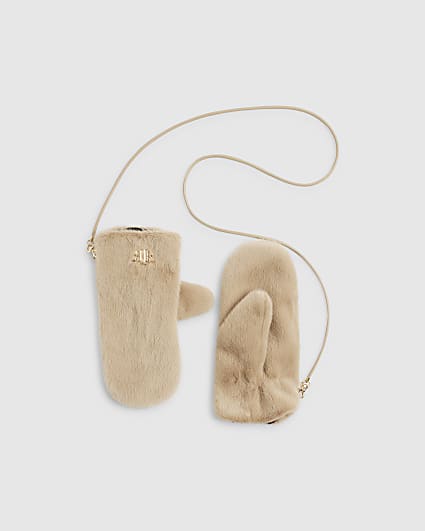 Beige Faux Fur Mittens