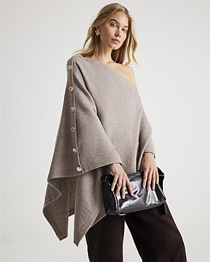 Beige Triangle Button Trim Cape