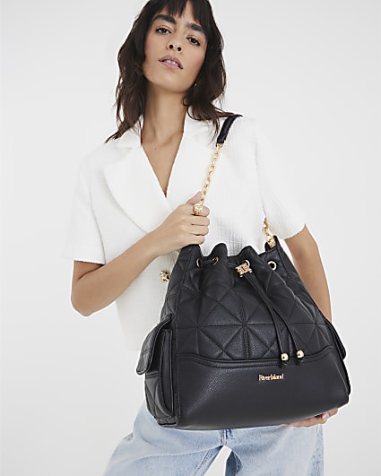 Black Quilted Chain Handle Slouch bag