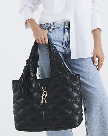 Black Oversized Quilted RR Tassel Slouch Bag