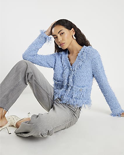 Blue Boucle Long Sleeve Cardigan