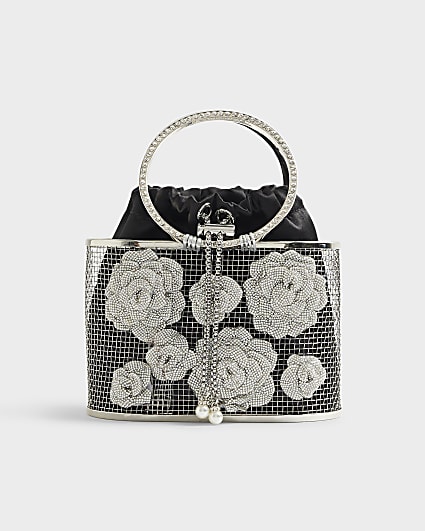 Silver Diamante Flower Basket Bag