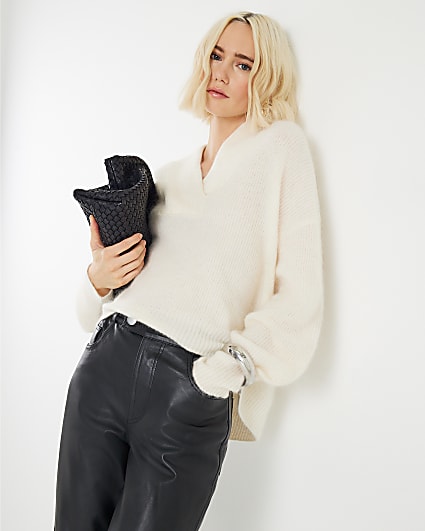 Cream Premium Mohair V Neck Jumper