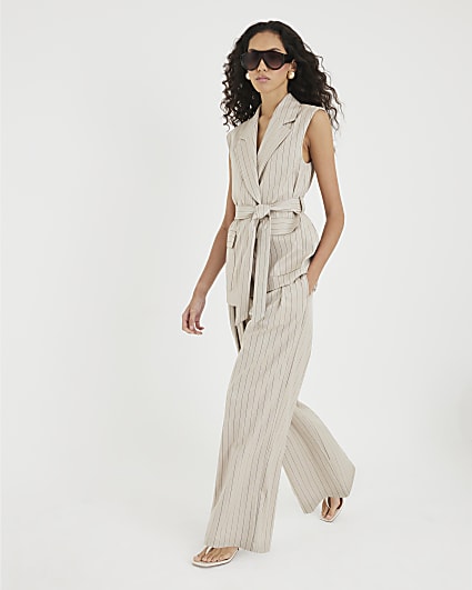 Beige Stripe Wide Leg Trousers