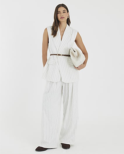 Cream Stripe Wide Leg Trousers