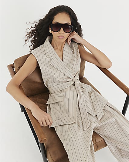 Beige Stripe Sleeveless Waistcoat
