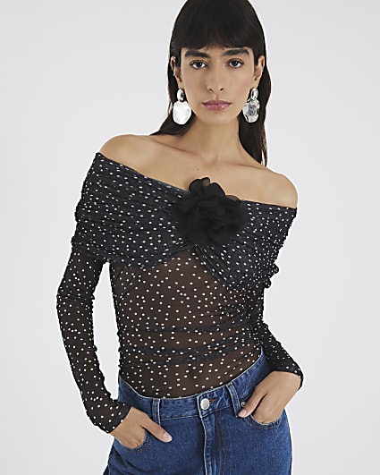 Black Polka Dot Corsage Bardot Bodysuit