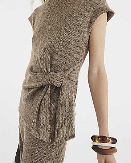 Brown Short Sleeve Tie Detail Textured Top