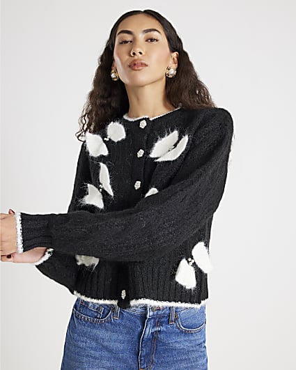 Black Pearl Detail Bow Cardigan