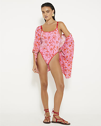 Pink floral printed swimsuit