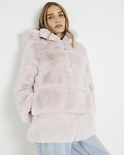Pink Faux Fur Panelled Hooded Coat