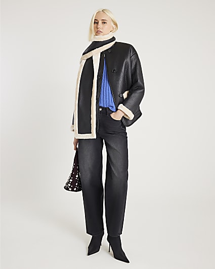 Black Scarf Detail Shearling Jacket