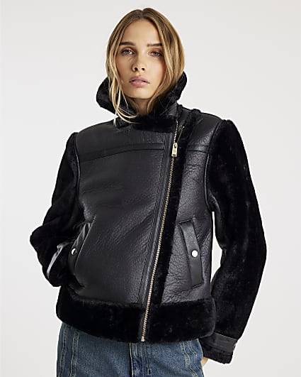 Black Faux Leather Aviator Jacket