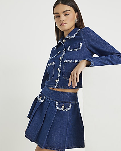 Blue Denim Long Sleeve Boucle Trim Jacket