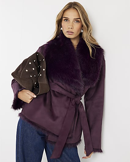 Red Faux Suede Belted Coat