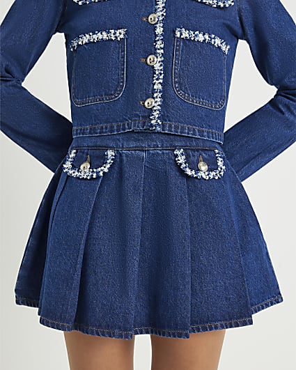 Blue Denim Boucle Trim Mini Skirt