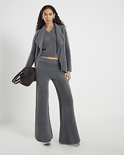 Grey Knitted Wide Leg Lounge Trousers