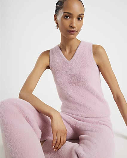 Pink Knitted Wide Leg Trousers