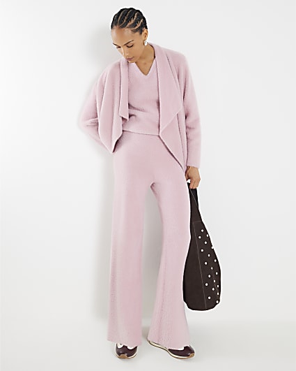 Pink Knitted V Neck Fluffy Vest
