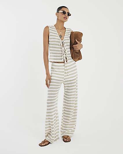 Cream Tie Front Striped Crochet Top