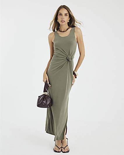 Khaki Sleeveless Side Knot Maxi Dress