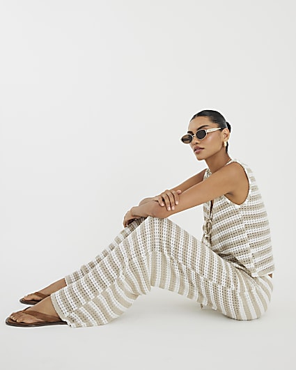Cream Stripe Wide Leg Crochet Trousers