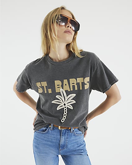 Grey Short Sleeve St Barts Palm Tree T-shirt