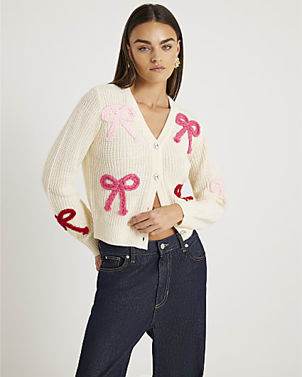 Cream Knitted Bow Cardigan