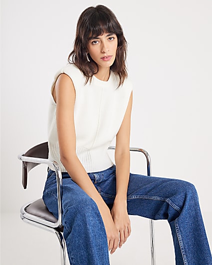Cream Knitted Structured Shoulder Tank Top